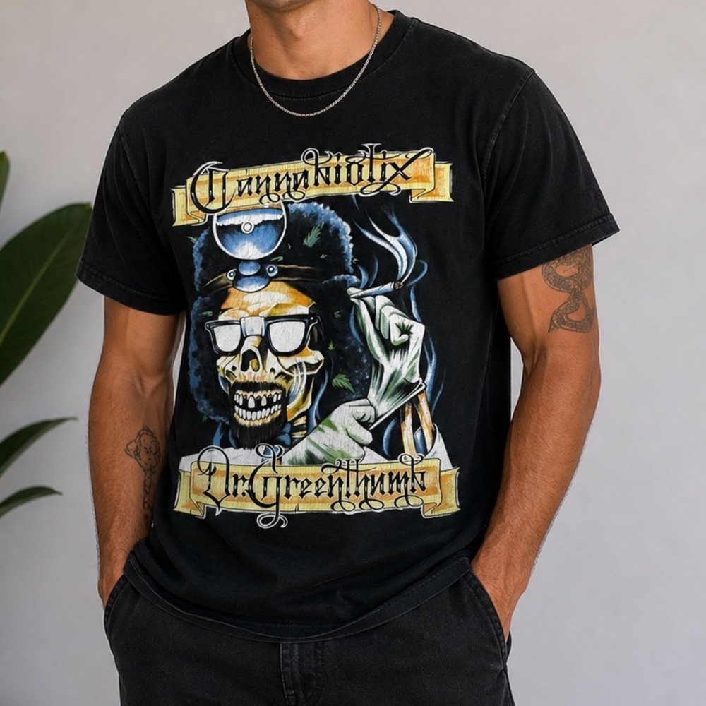 Russell Athletic Dr Greenthumb Cannabiotix Graphic T-Shirt Mens Small‎ Black Tee